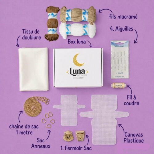 Kit Luna – Apprenez à créer votre sac en macramé et canevas plastique