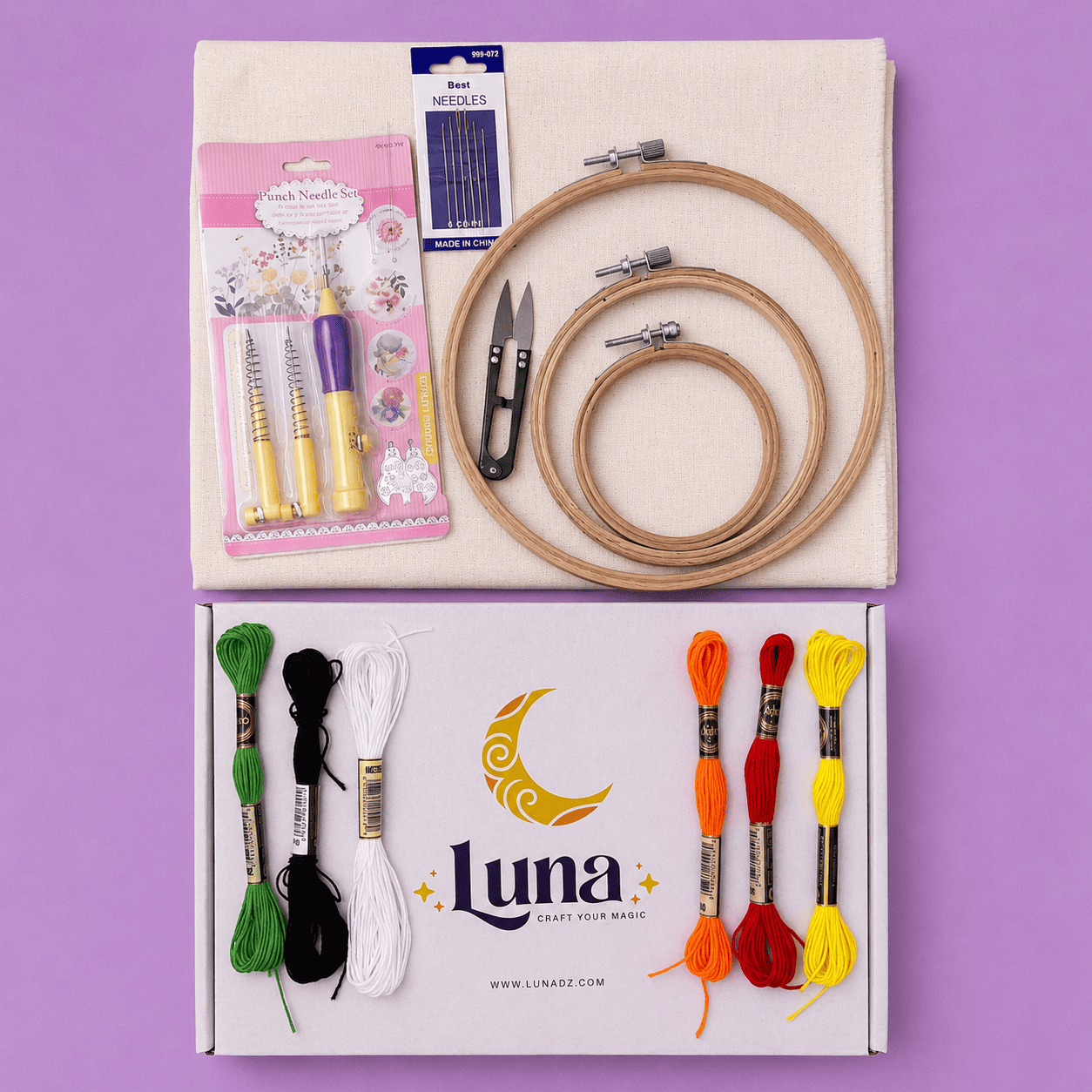 Luna Crafting Kit Flat Lay كيت لونا: تعلمي فن التطريز بإبرة التطريز اليدوية واصنعي تصاميمك بنفسك - الصورة 1
